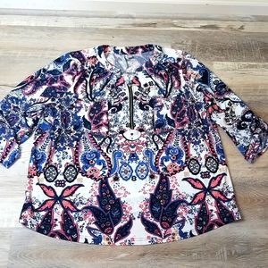 Women's blouse comfortable navy coral blue tan 2X Spring Fall Blue Coral Navy